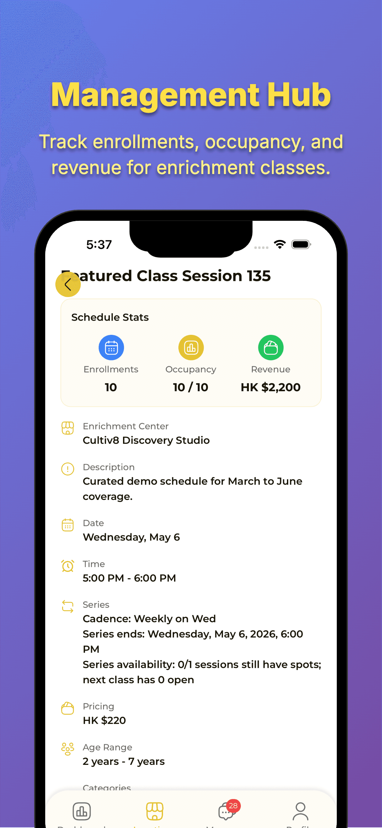 Operations dashboard for classes, attendance, and enrollment management.